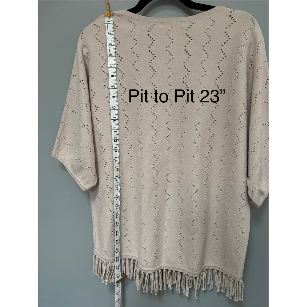 Hasting & Smith Beige Pointelle Knit Fringe Hem Top XL Cotton Boho Short Sleeve - Picture 7 of 7